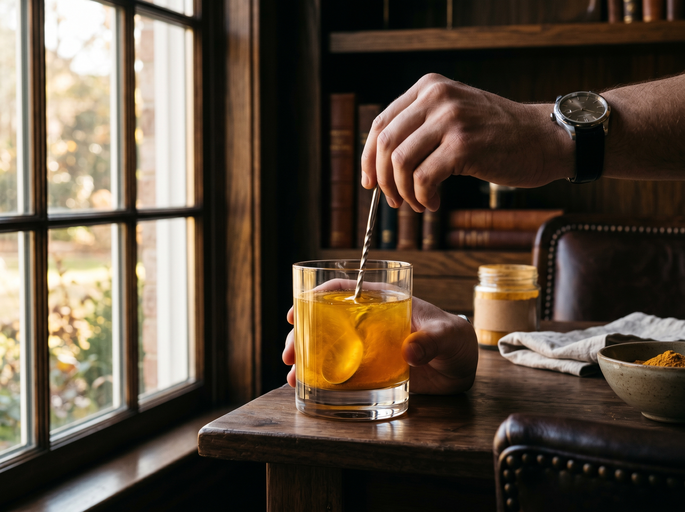 Premium dark setting with a glass of golden-hued powdered drink mix