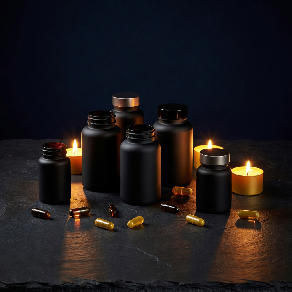 Premium supplement bottles on a dark surface with warm amber lighting