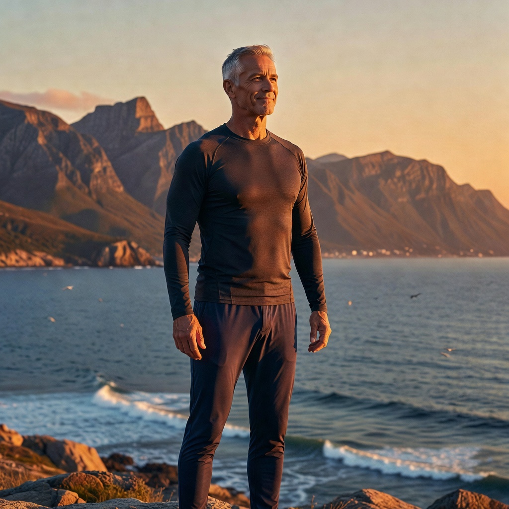 A physically vital man in his 50s at golden hour outdoors, representing renewed energy and vitality