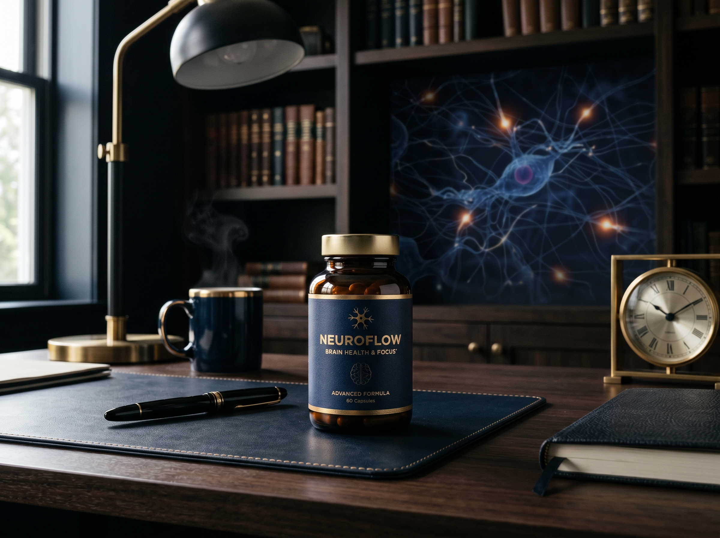 A brain health supplement bottle on a sophisticated dark desk