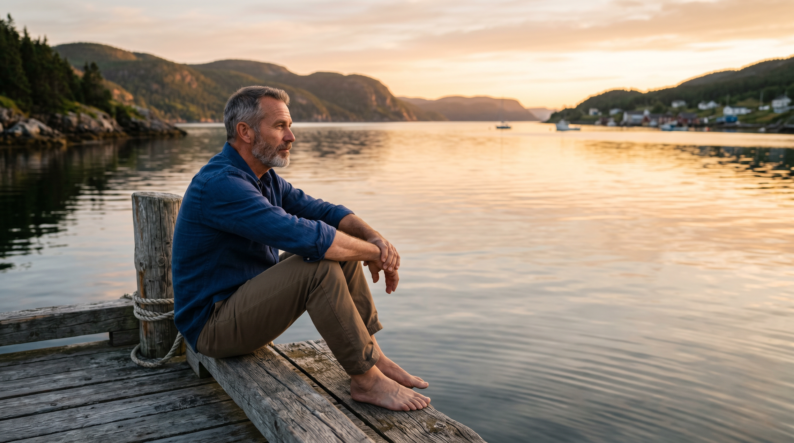 A successful man in his late 50s, seated quietly at the water's edge in golden morning light