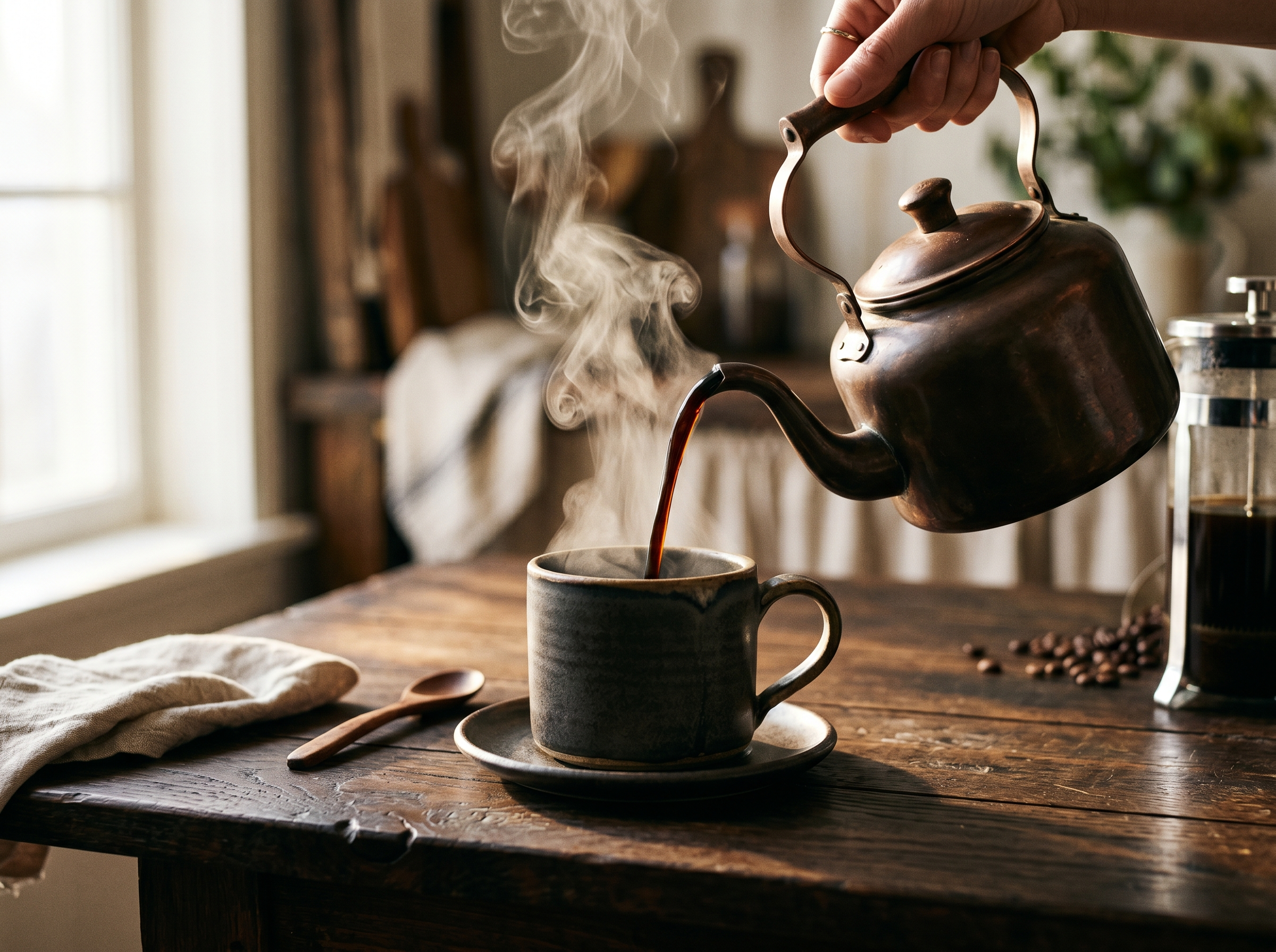 Premium dark roast coffee being poured into a ceramic mug