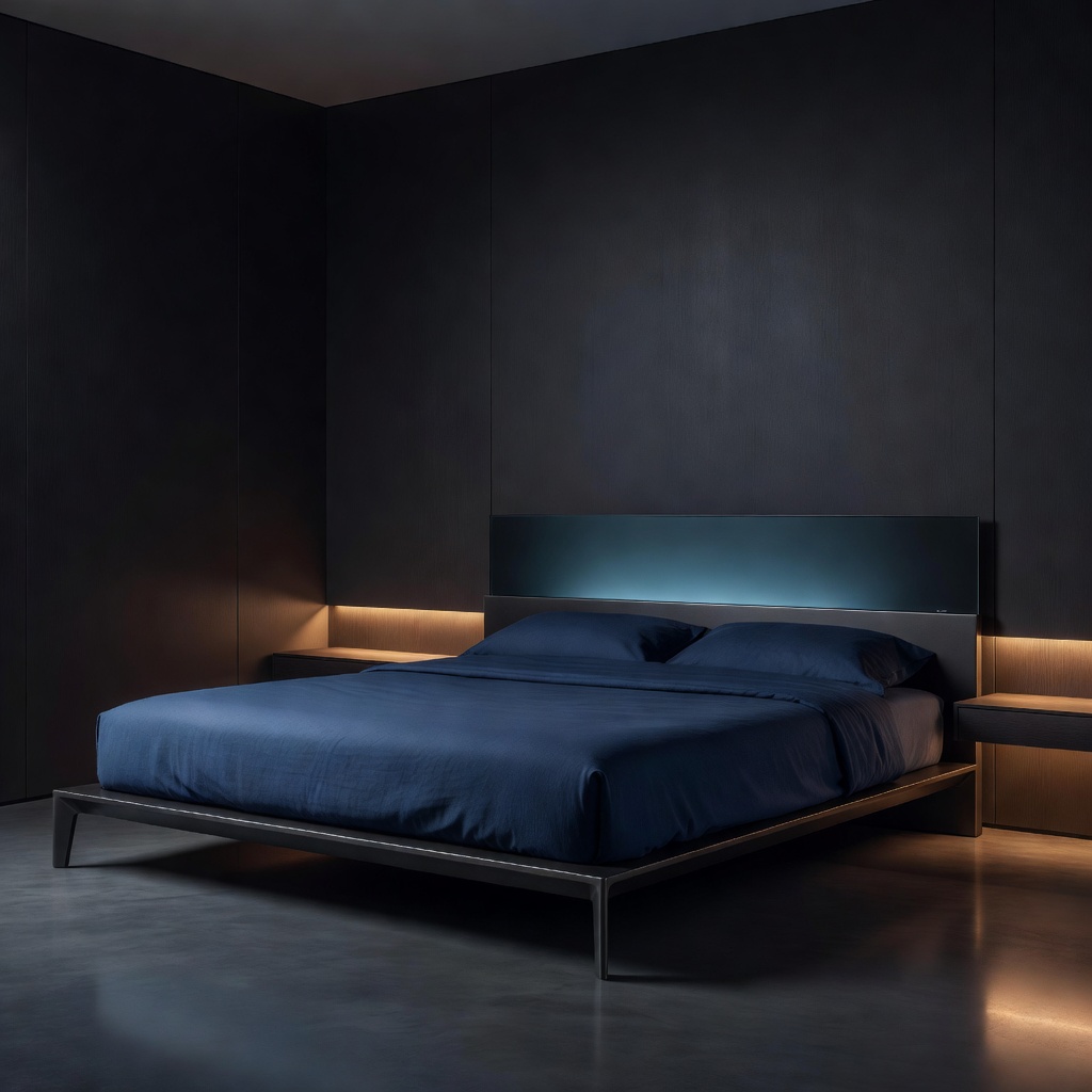 A premium dark bedroom with a smart bed glowing softly, serene and sophisticated