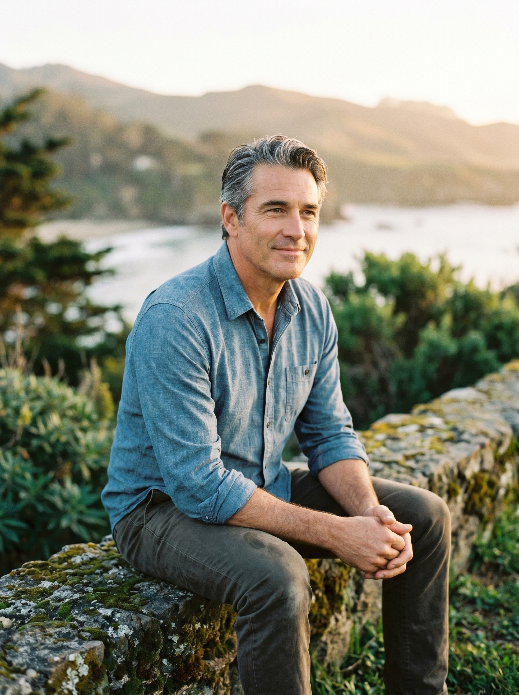 A vital, confident man in his 50s seated on a coastal stone wall in golden afternoon light