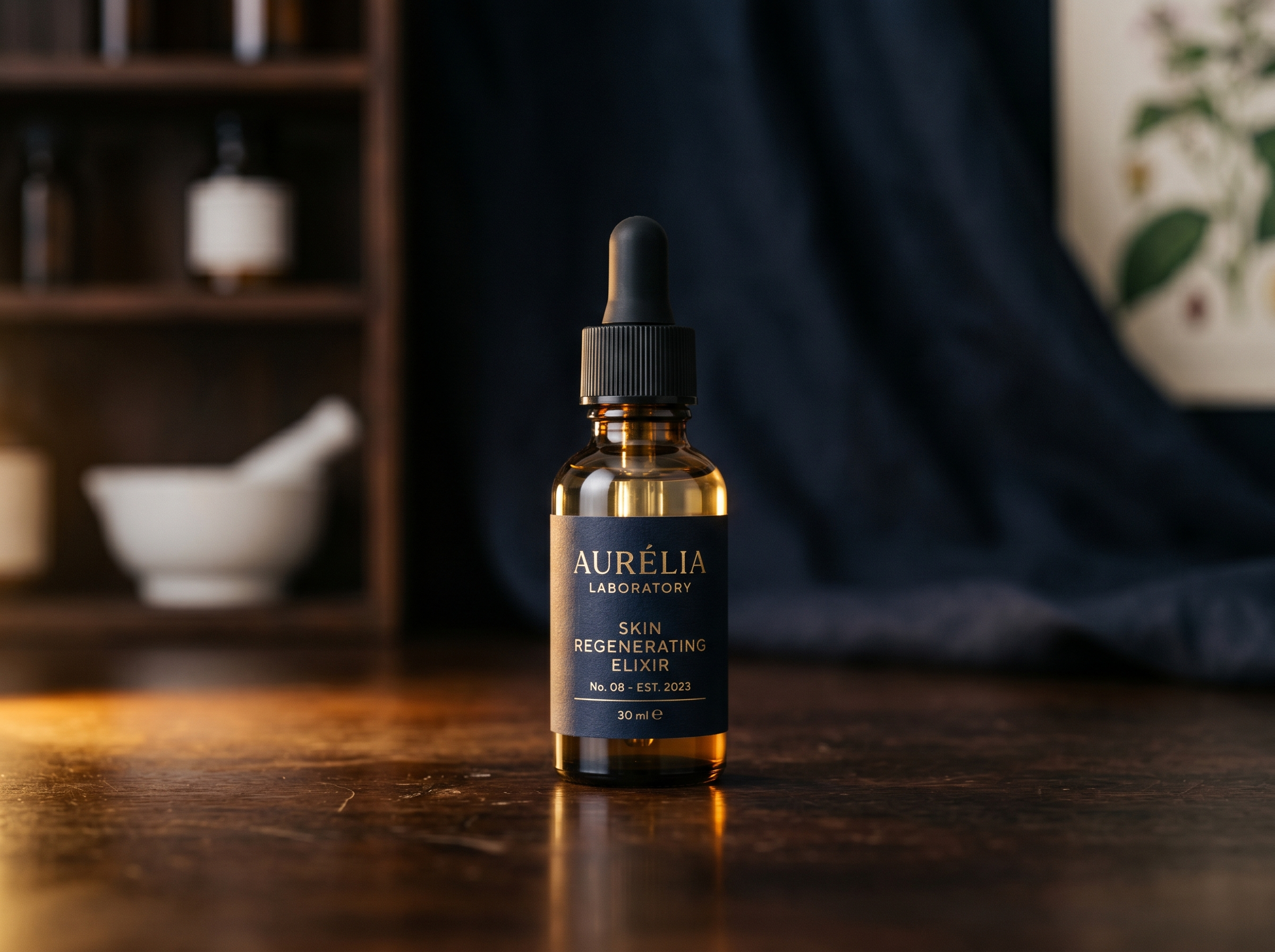 A small glass dropper bottle on a premium dark navy background