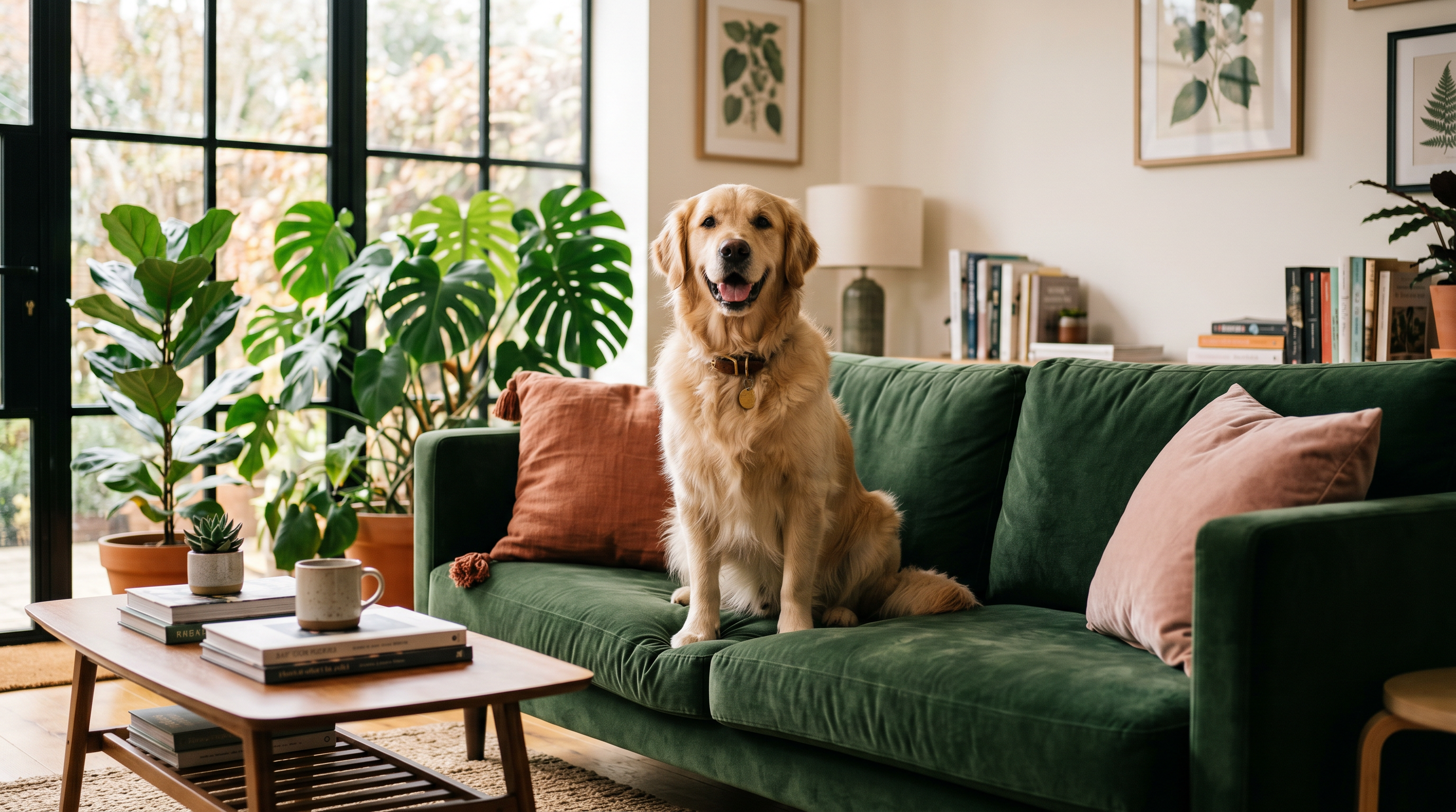 Happy golden retriever sitting on a green velvet sofa in a cozy plant-filled living room