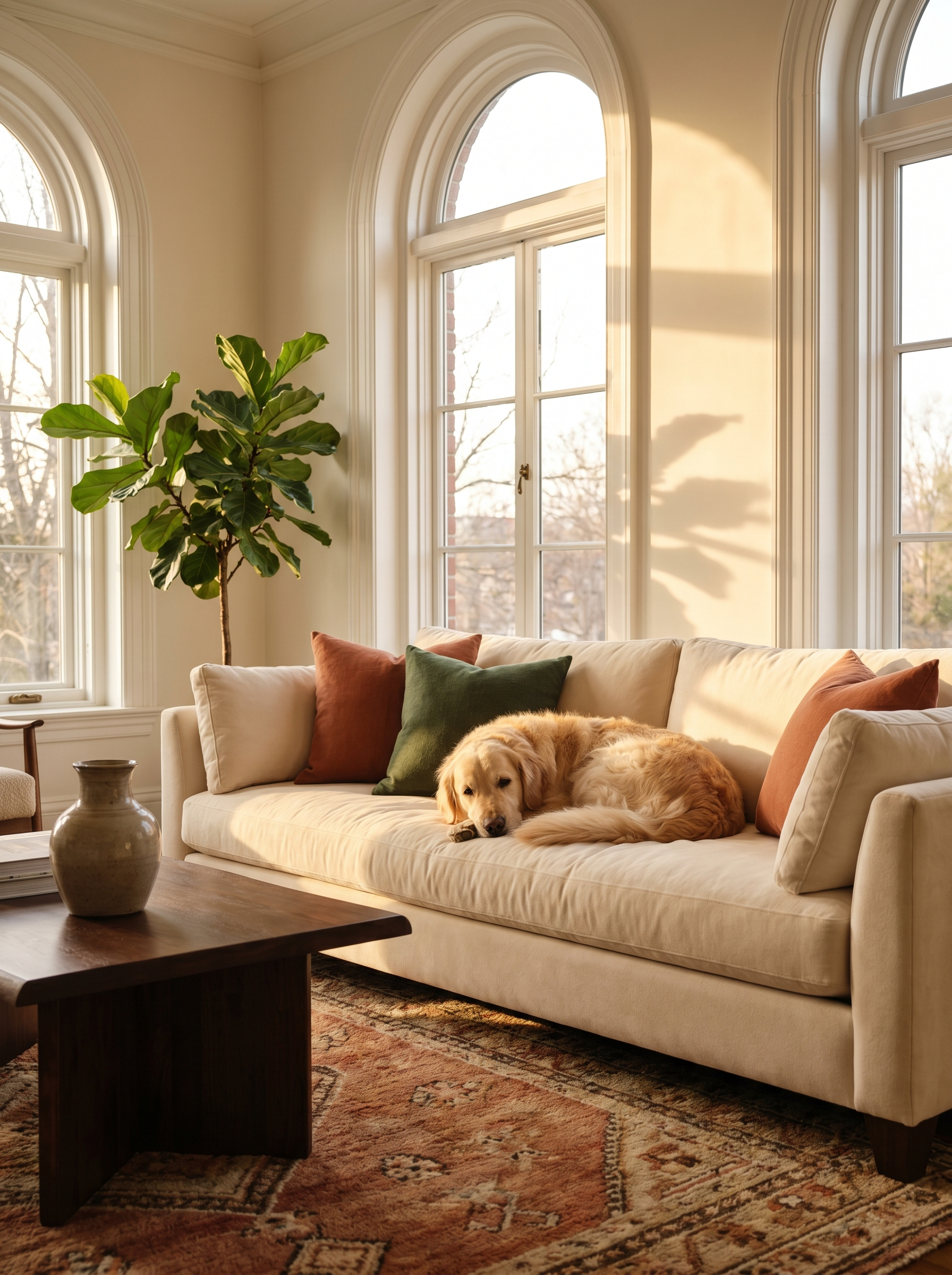 Golden retriever relaxing in a cozy elegant living room
