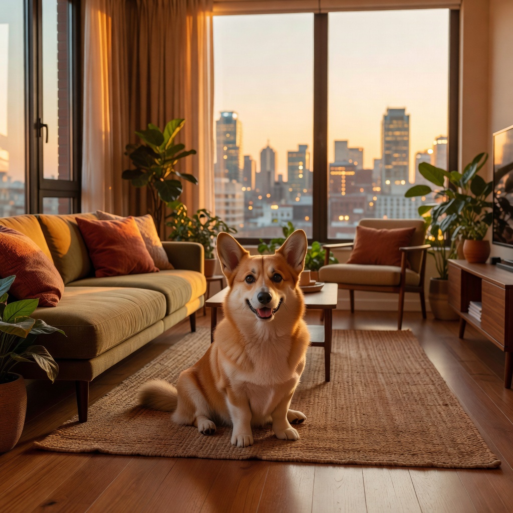 Confident dog thriving in an urban apartment