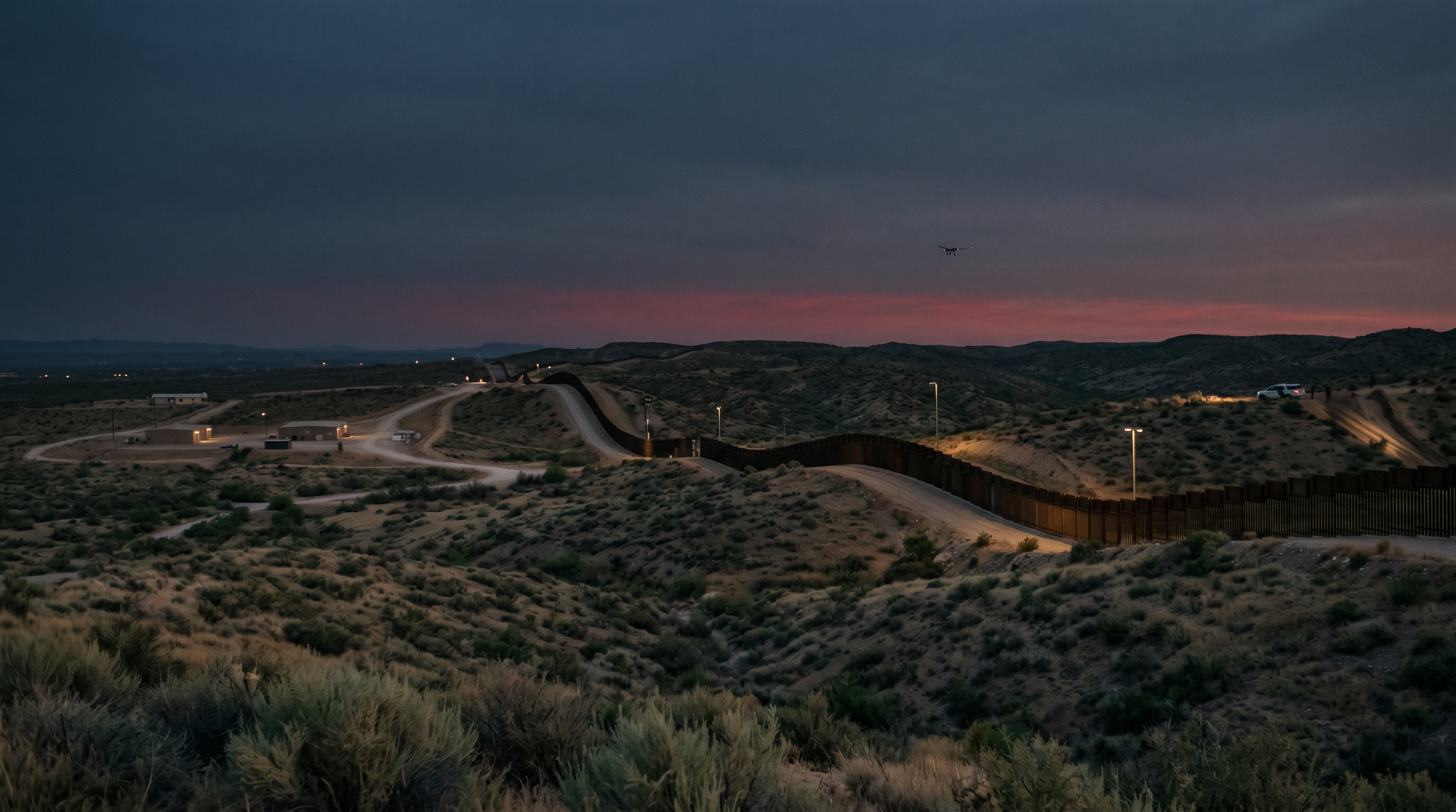 Cinematic realistic US southern border landscape at sunset
