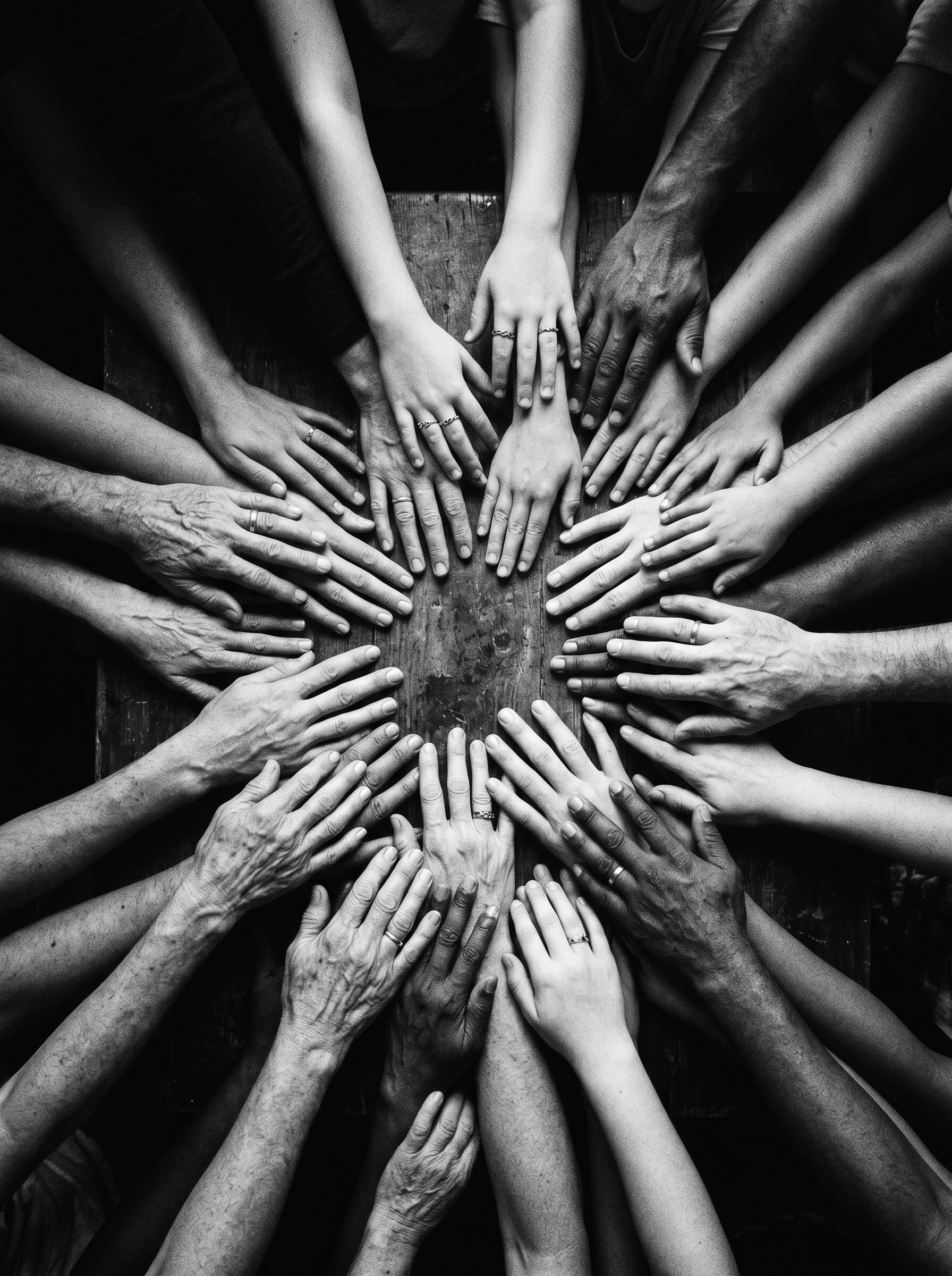 Diverse hands of all ages and backgrounds reaching toward a common center