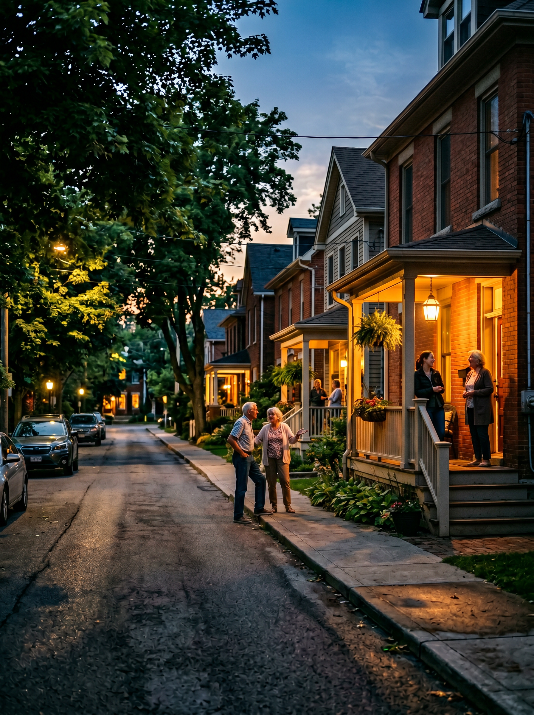 Quiet neighborhood street at dusk, people on doorsteps talking, warm porch lights, a community still standing
