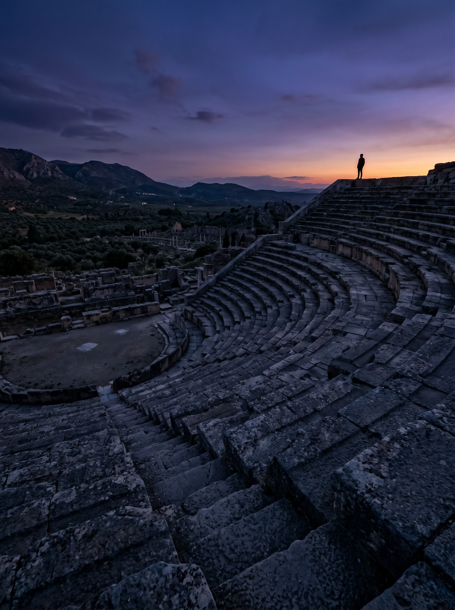Ancient stone amphitheater ruins at twilight, solitary figure silhouetted against violet-indigo sky