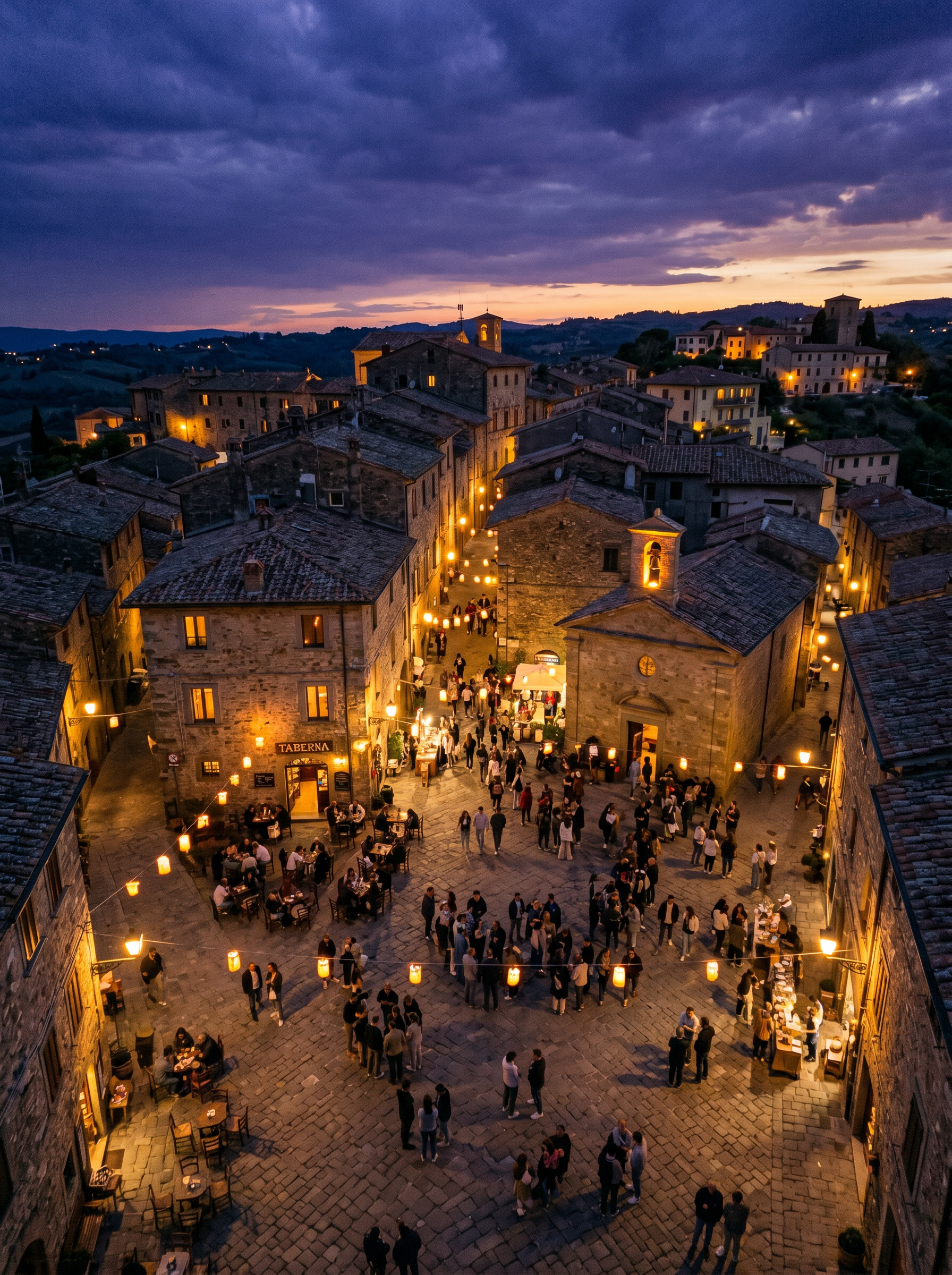 Aerial view of an Italian village square at dusk, hundreds of people gathered under amber lanterns, purple storm clouds above, a living community at night