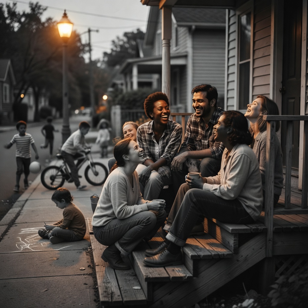 Diverse neighbors laughing together on porch steps at dusk, children playing in the background