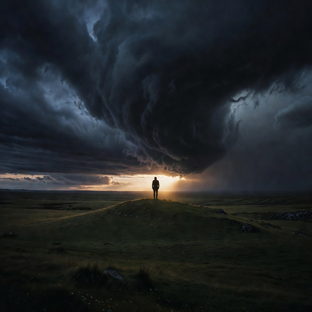 Silhouetted figure on hilltop looking toward light breaking through storm clouds