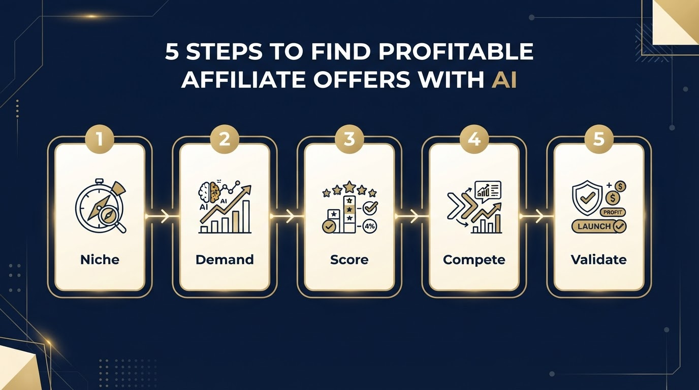 Five steps to find profitable affiliate offers with AI: Niche, Demand, Score, Compete, Validate