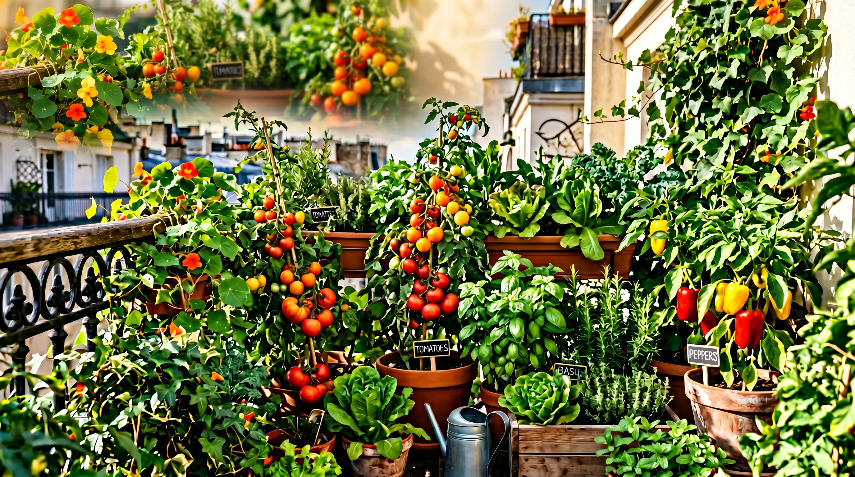 A lush, overflowing balcony vegetable garden with ripe cherry tomatoes, basil, red and yellow peppers, and leafy greens in terracotta pots bathed in warm sunlight