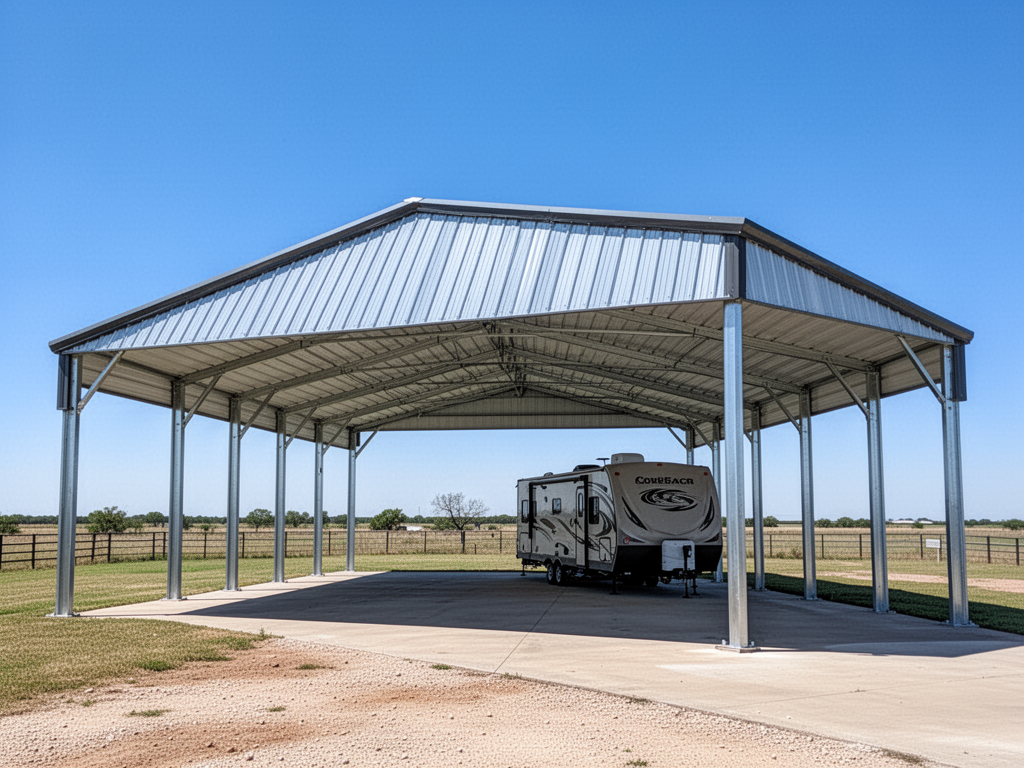 Heavy-gauge steel carport and RV shelter installed by OK Steel LLC in the Oklahoma City metro area
