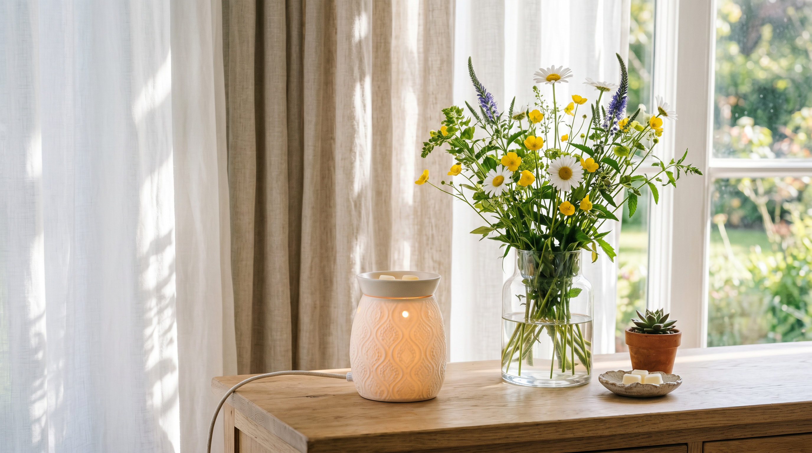 Bespoke electric ceramic wax warmer on a console table surrounded by fresh UK summer wildflowers