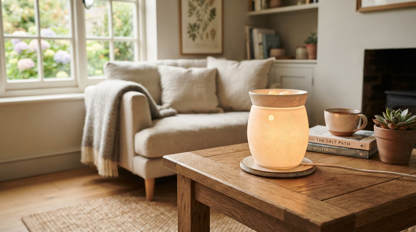 Elegant ceramic wax warmer glowing on a styled side table with wildflowers