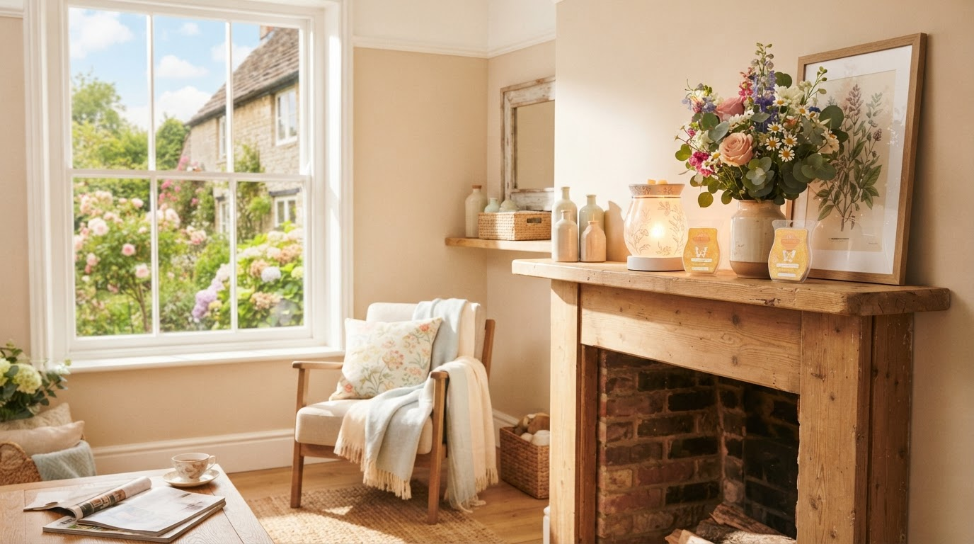 A beautifully styled UK living room with a glowing Scentsy warmer on a wooden coffee table, soft natural light streaming through the window