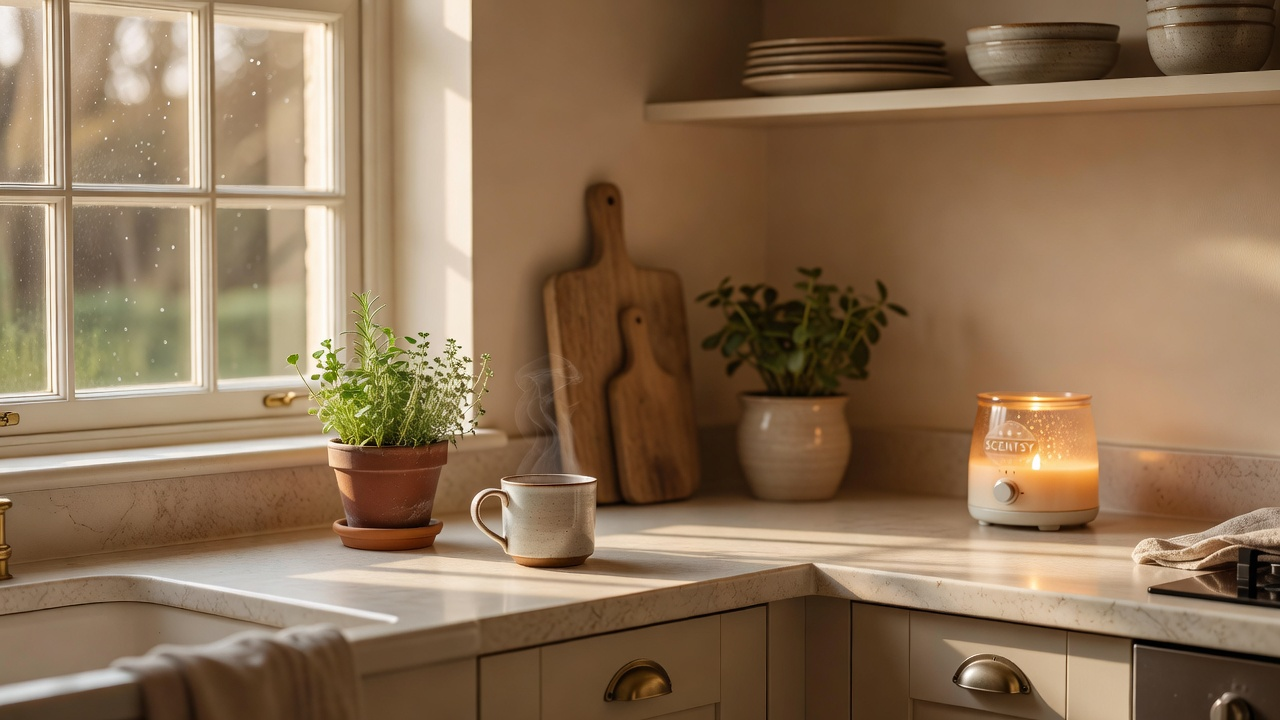 Scentsy flame-free wax warmer enhancing a modern UK kitchen