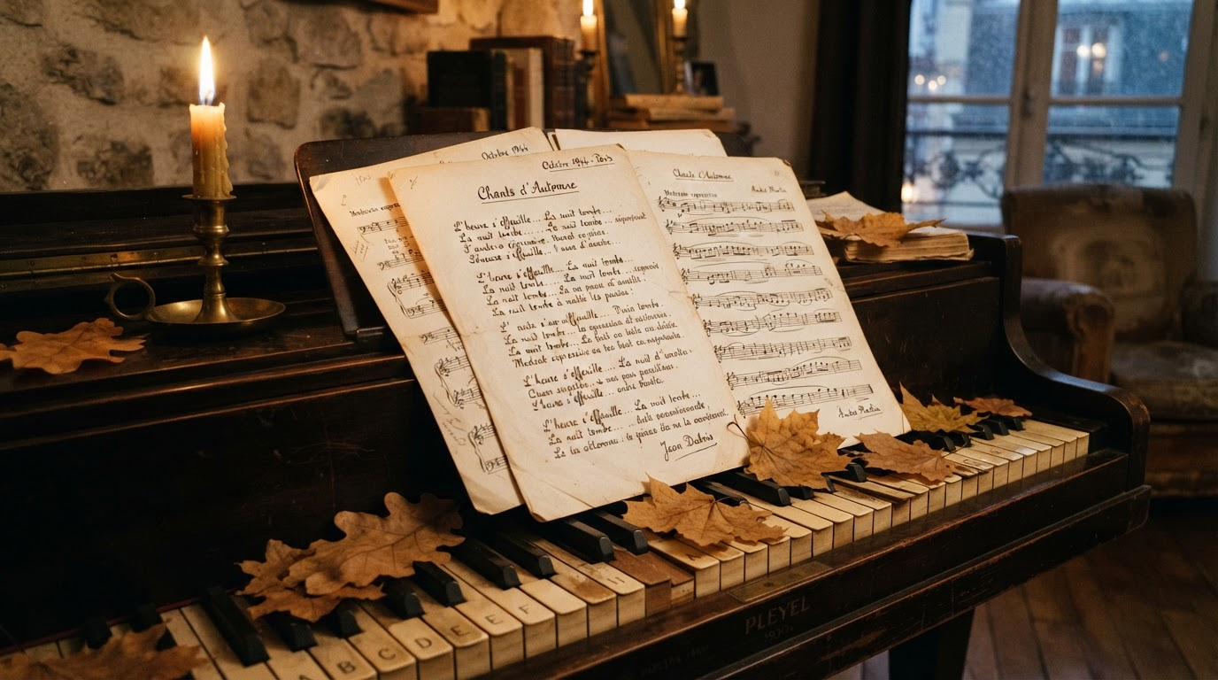 Handwritten poetry manuscript with musical notation on a vintage piano keyboard, scattered with autumn leaves