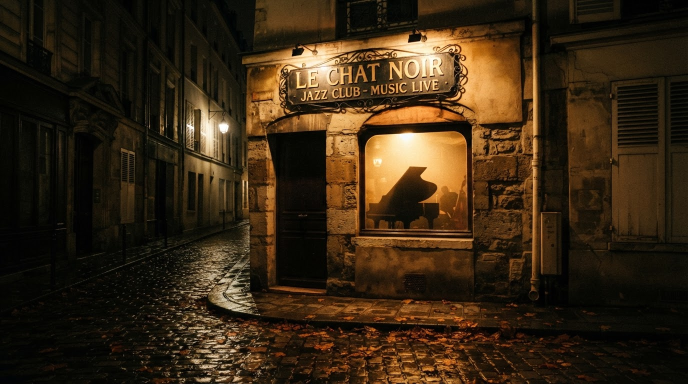 A vintage Parisian jazz café at night with warm amber light spilling onto cobblestone streets