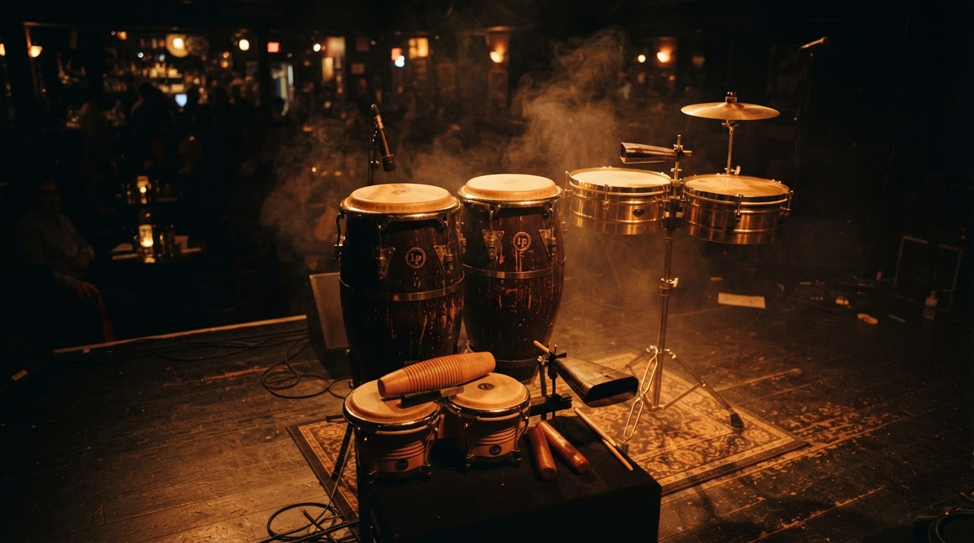 Latin percussion instruments in a warm jazz club
