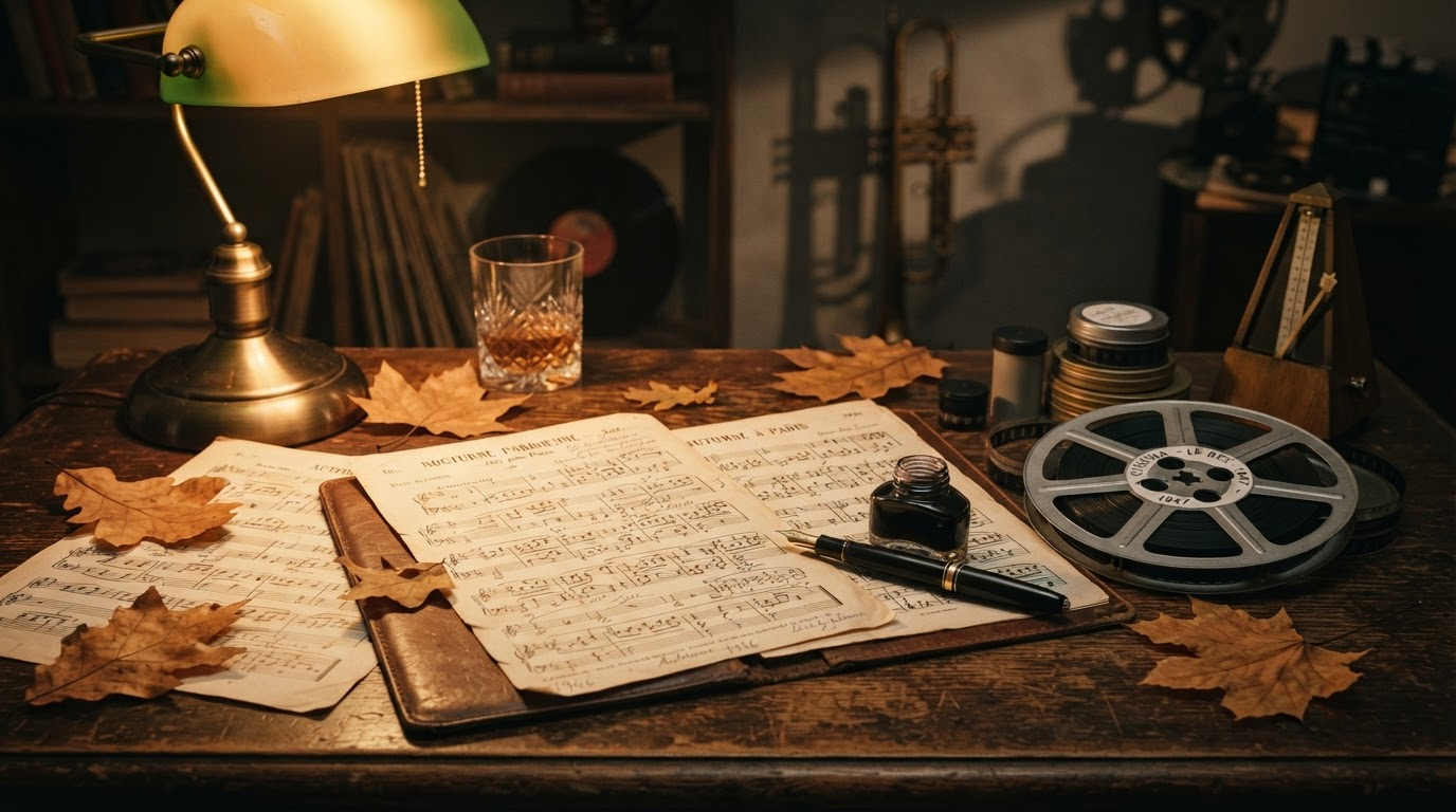Vintage sheet music and a 35mm film reel on a composer's desk with autumn leaves