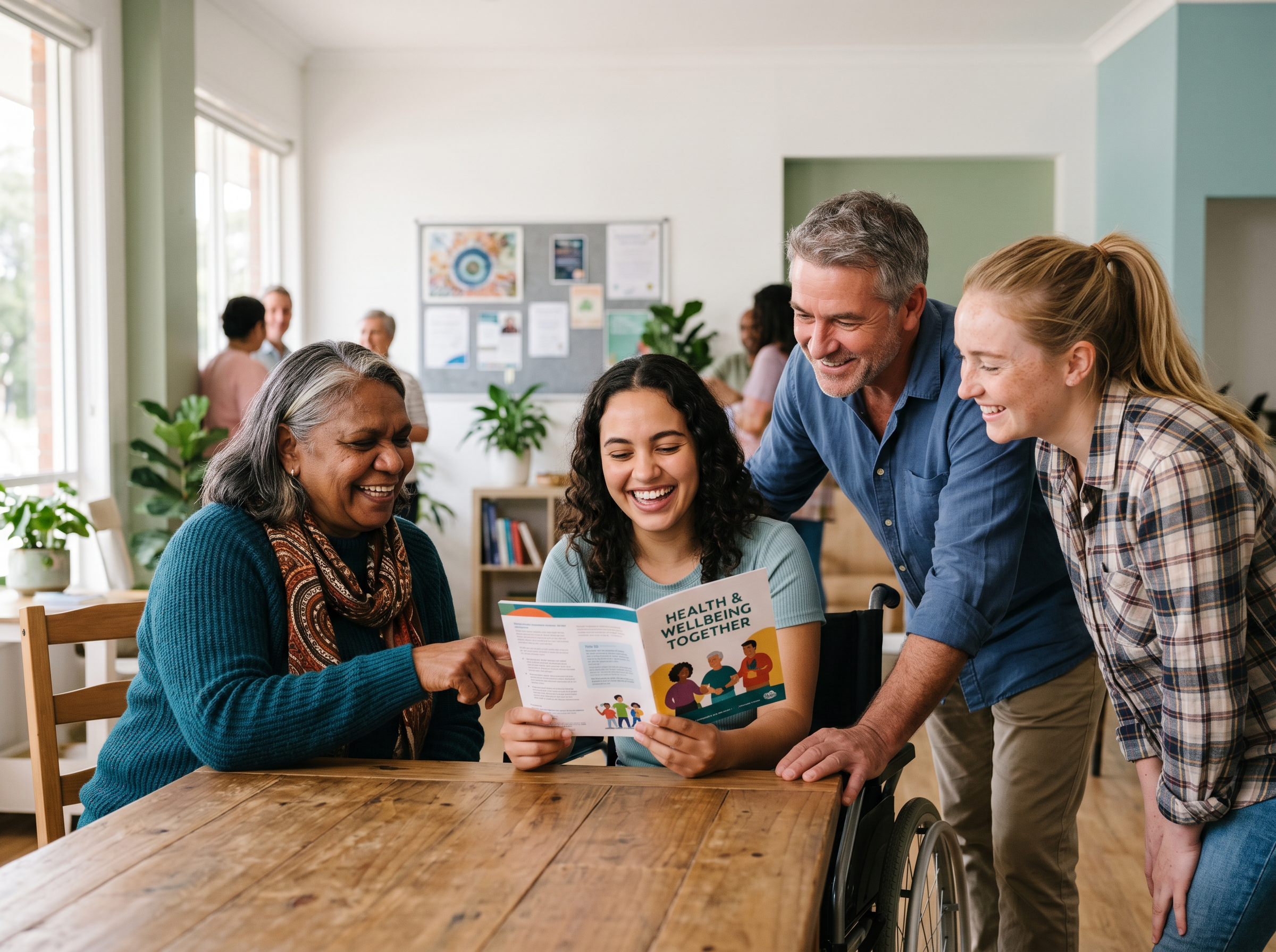 Diverse Australians learning about continence health together — carers, wheelchair users, older Australians, and rural communities