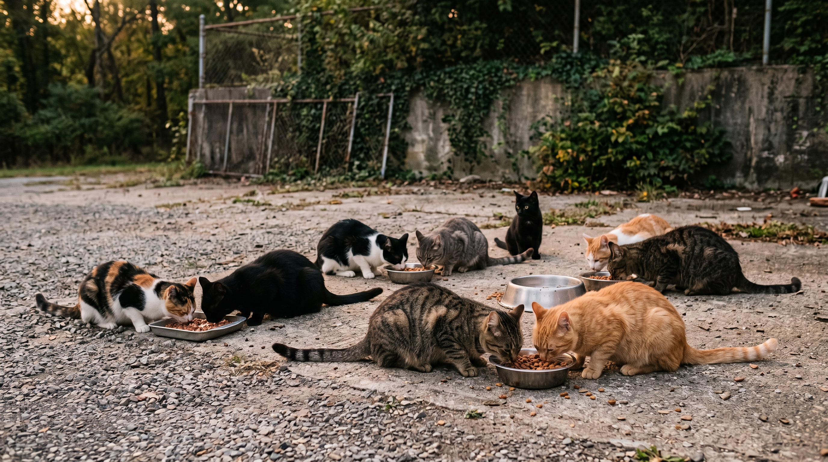 A feral cat colony feeding at dawn — cats of varied colours scattered in clusters, heads down eating from communal bowls on gravel