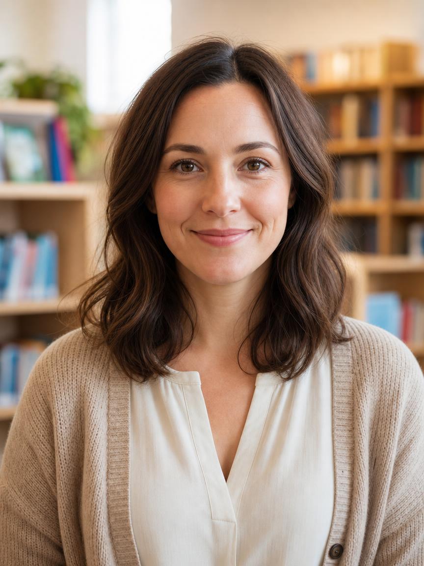 Mother smiling in a library