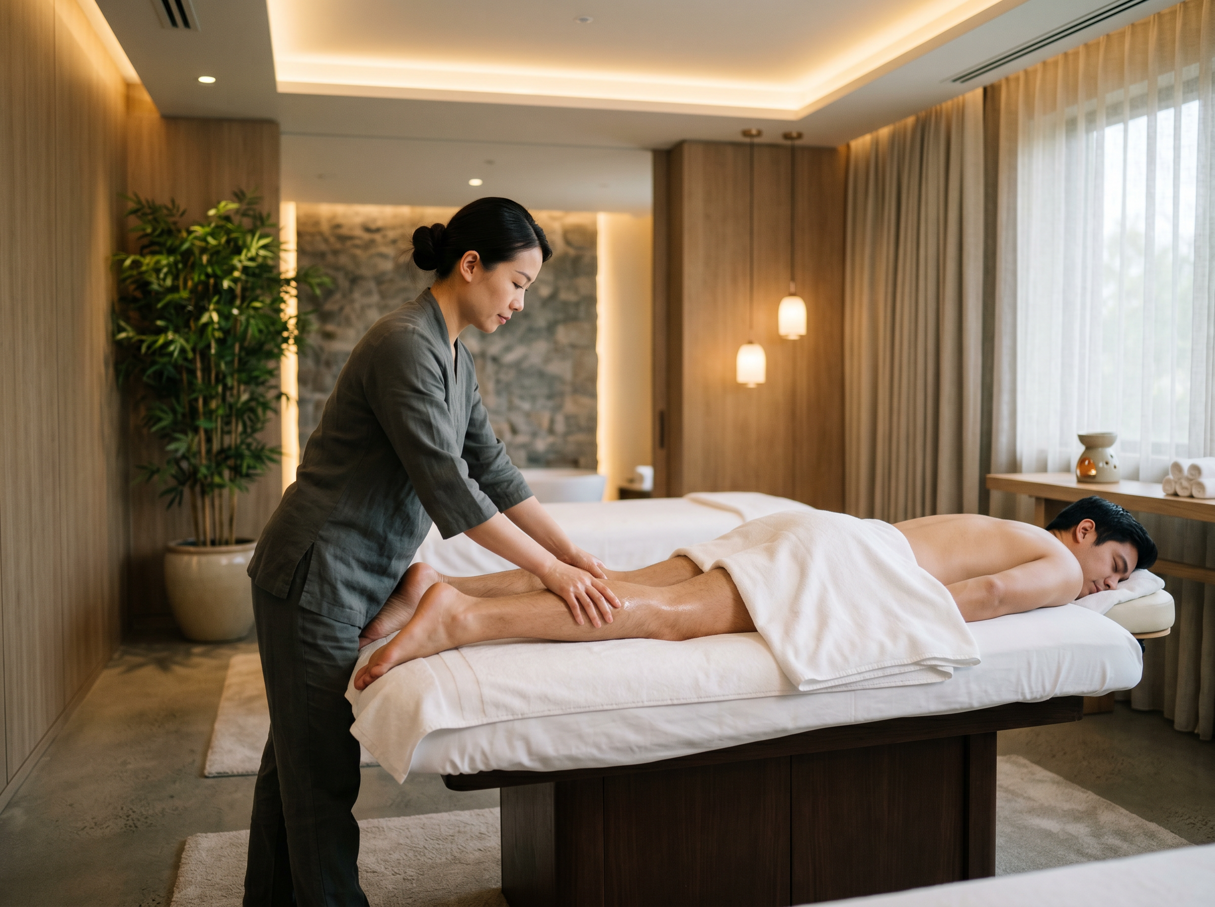 Lower leg and calf massage as part of a restorative body and feet combo session