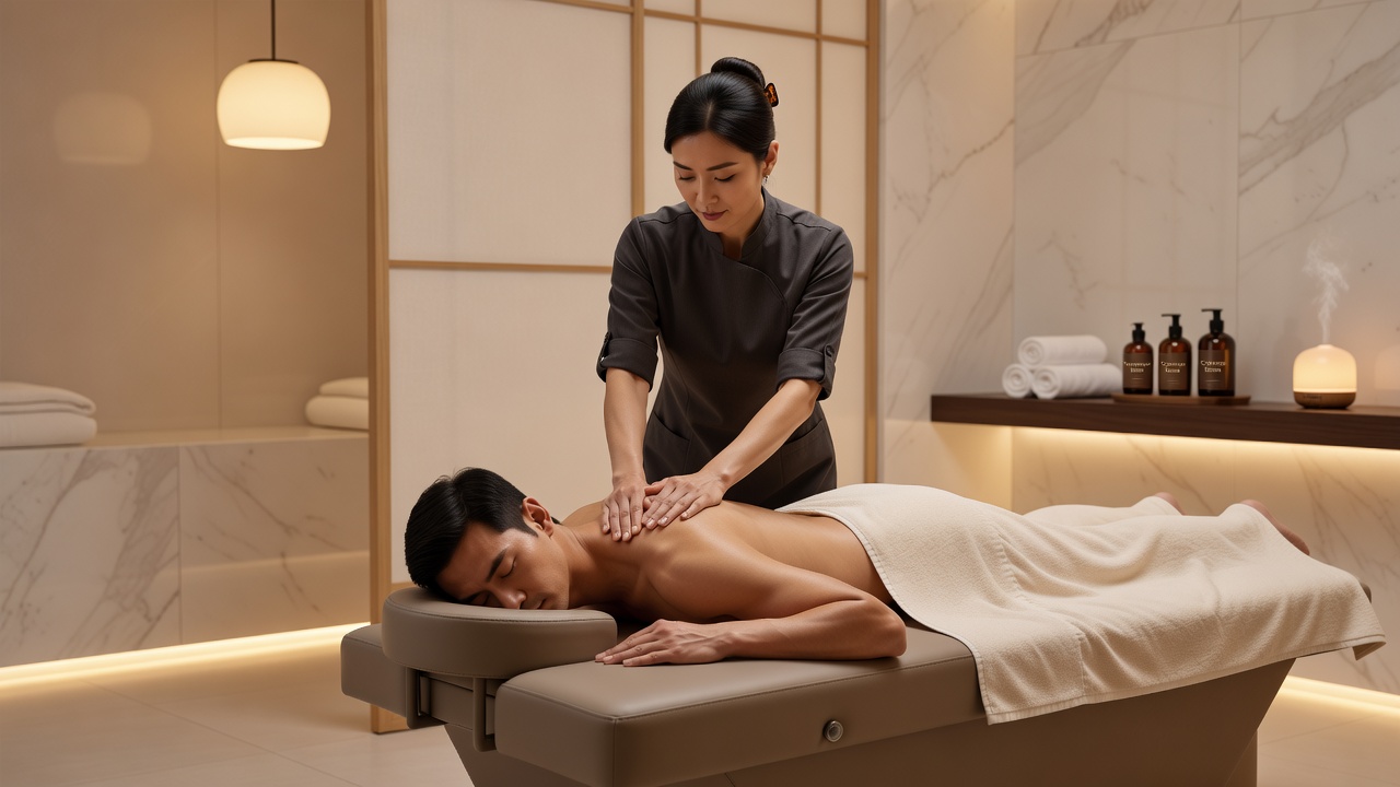 Handsome male client receiving a professional massage from a pretty Chinese lady therapist in a luxury spa setting