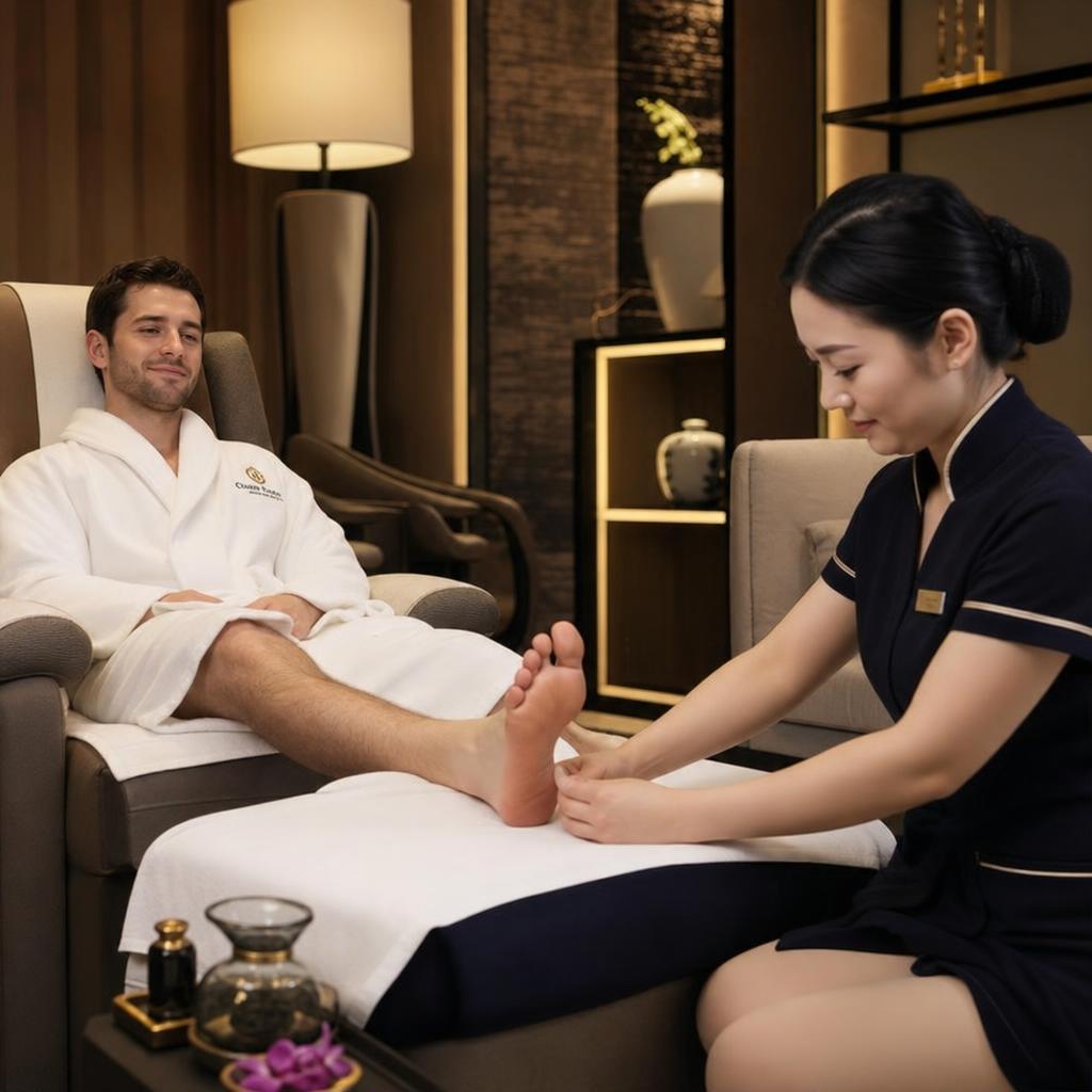 Professional Chinese lady therapist providing a relaxing massage to a male customer in a luxury setting