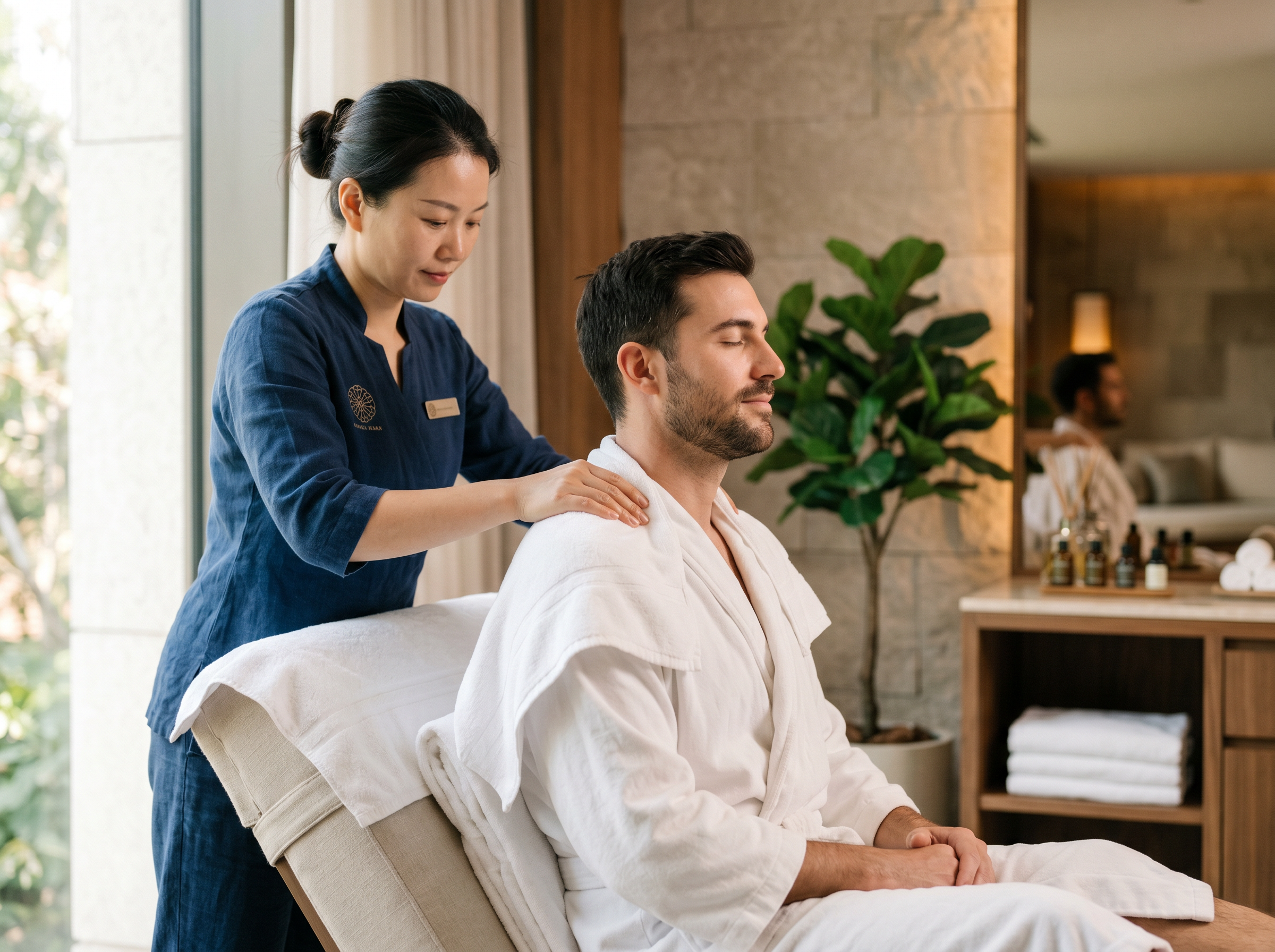 Professional neck and shoulder massage therapy in a luxury spa setting