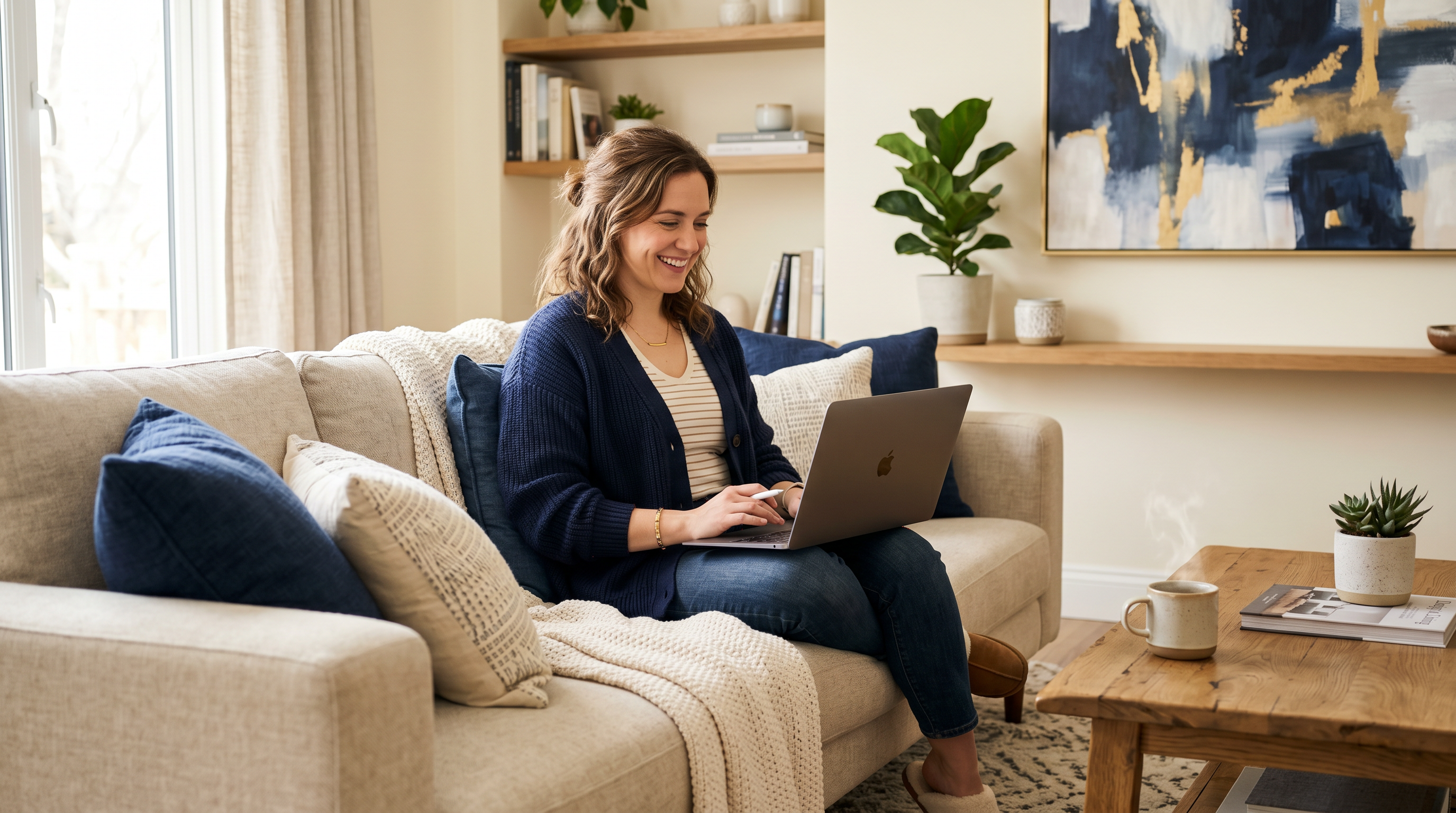 Woman working on laptop in cozy home
