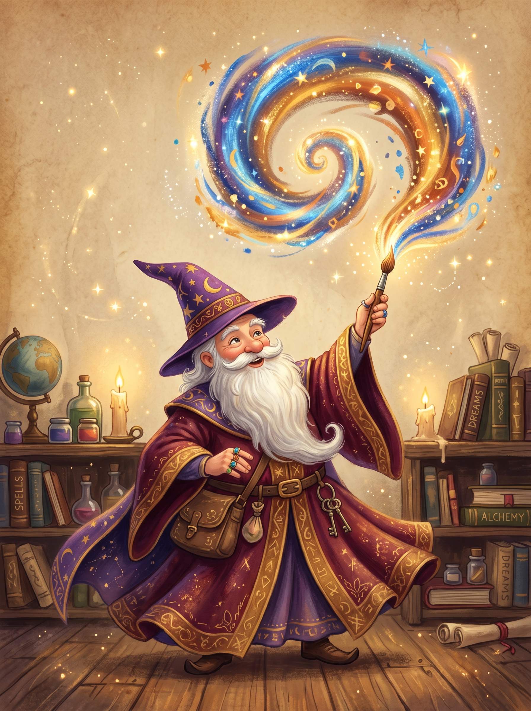 A whimsical wizard in a purple hat, creating art by magic with a paintbrush and swirling light