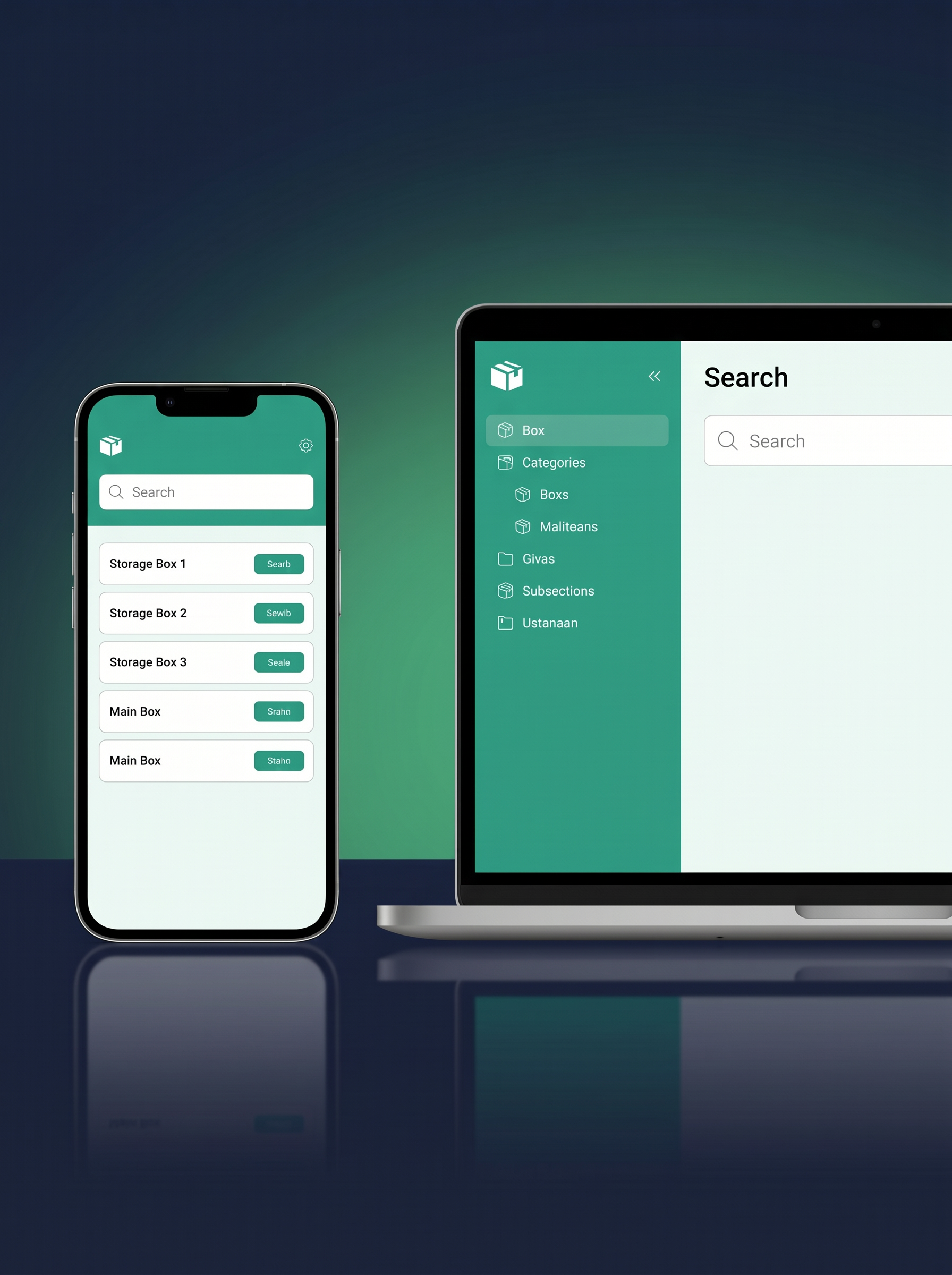 Smart Box List app interface shown on both a mobile phone and a laptop computer