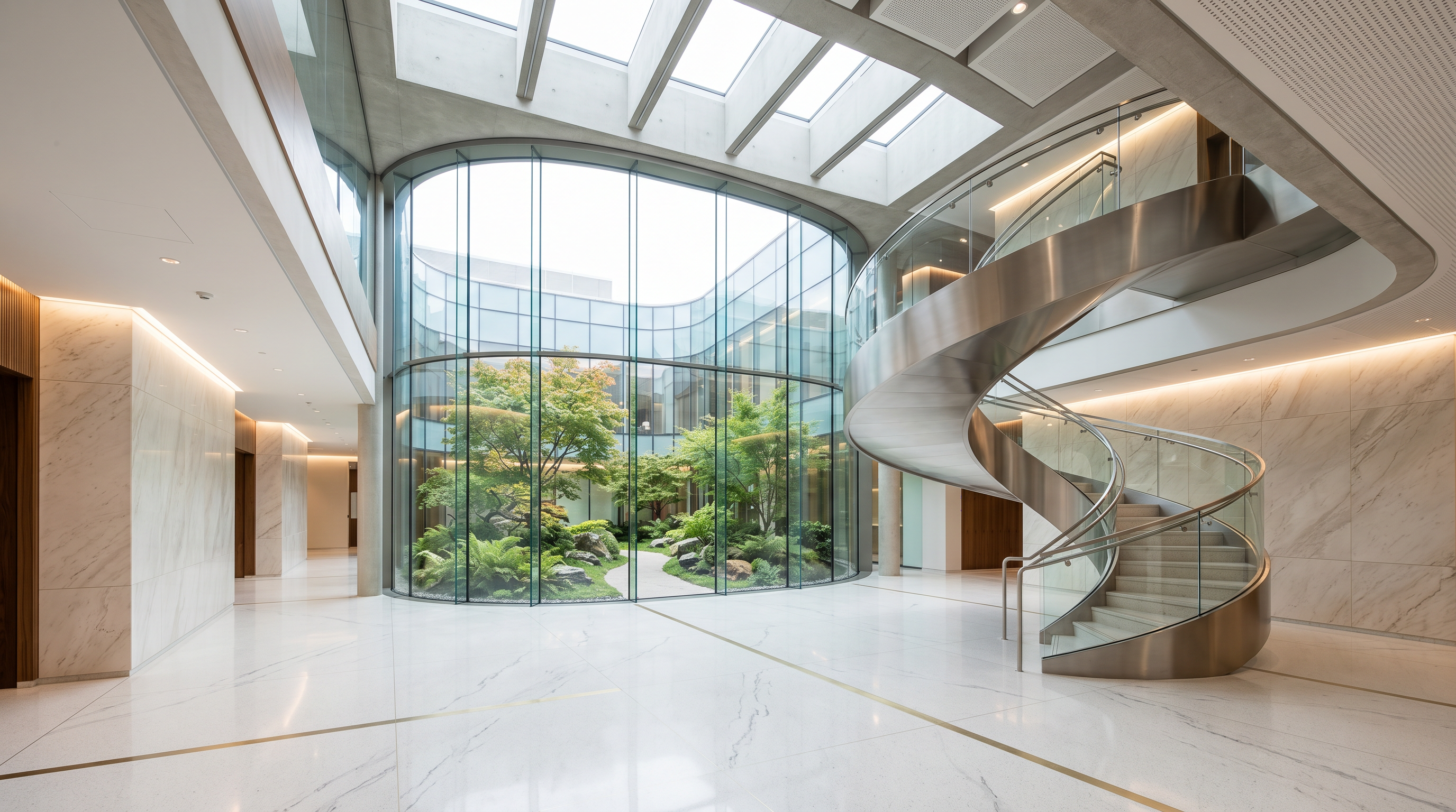 Ultra-premium institutional medical atrium with marble, glass, skylights, and garden courtyard