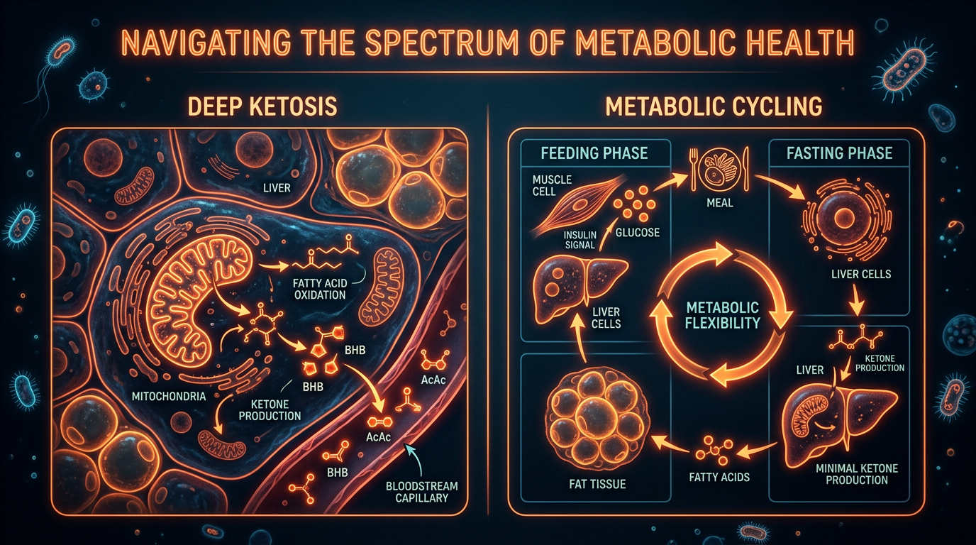 Scientific illustration for Deep Ketosis vs. Cycling: Navigating the Spectrum of Metabolic Health