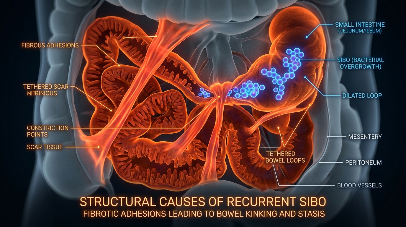 Scientific illustration for Adhesions and Scar Tissue: The Structural Causes of Recurrent SIBO