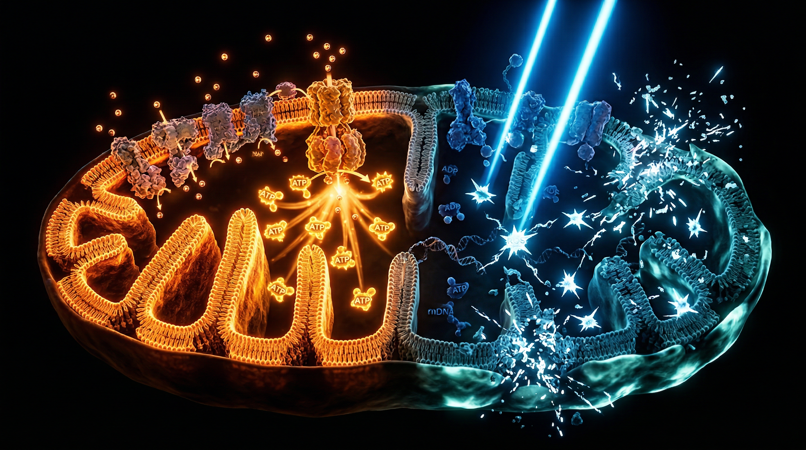 Scientific illustration for Mitochondrial Health: Ancient Sunlight vs Blue Light Toxicity