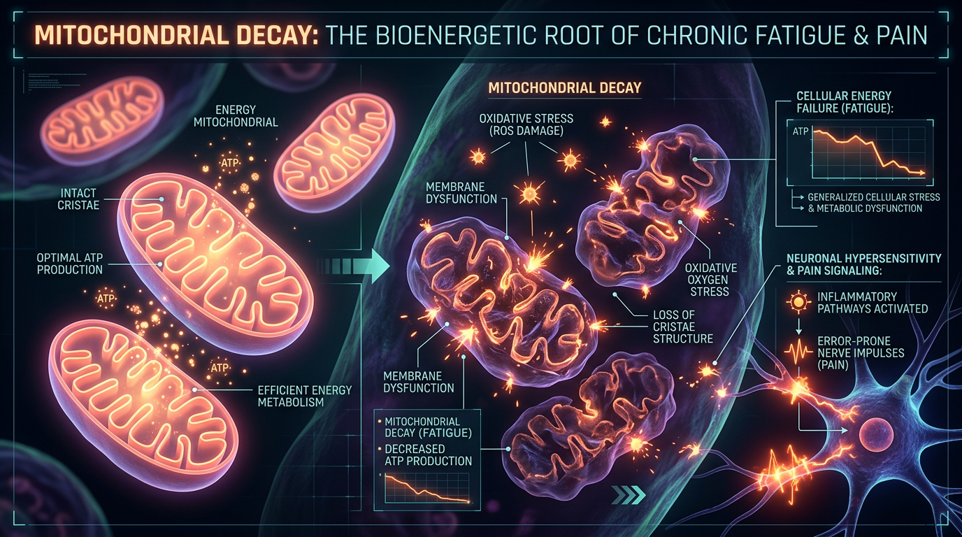 Scientific illustration for Mitochondrial Decay: The Bioenergetic Root of Chronic Fatigue and Pain