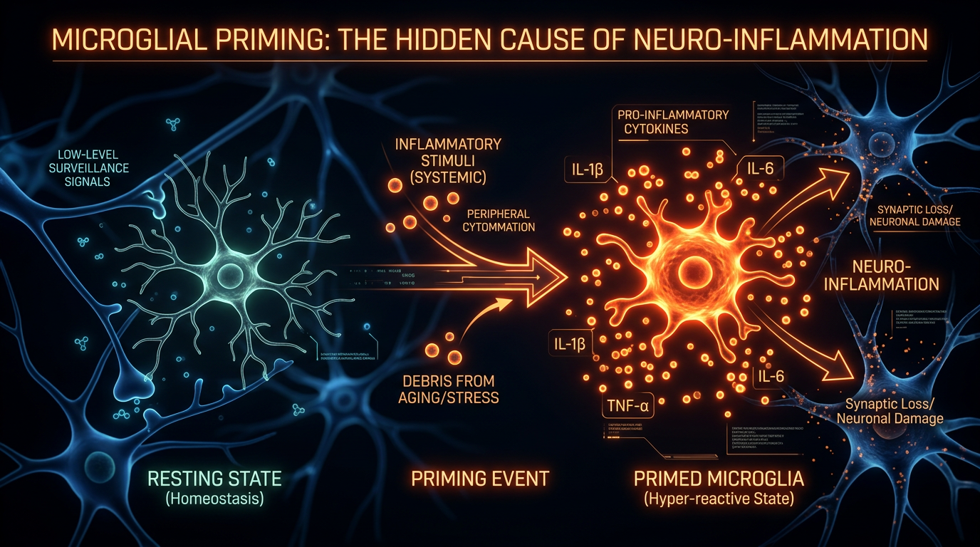 Scientific illustration for Microglial Priming: The Hidden Cause of Neuro-Inflammation