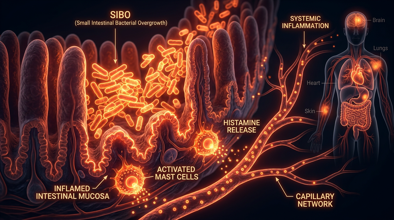 Scientific illustration for Histamine Intolerance: When SIBO Triggers Systemic Inflammation