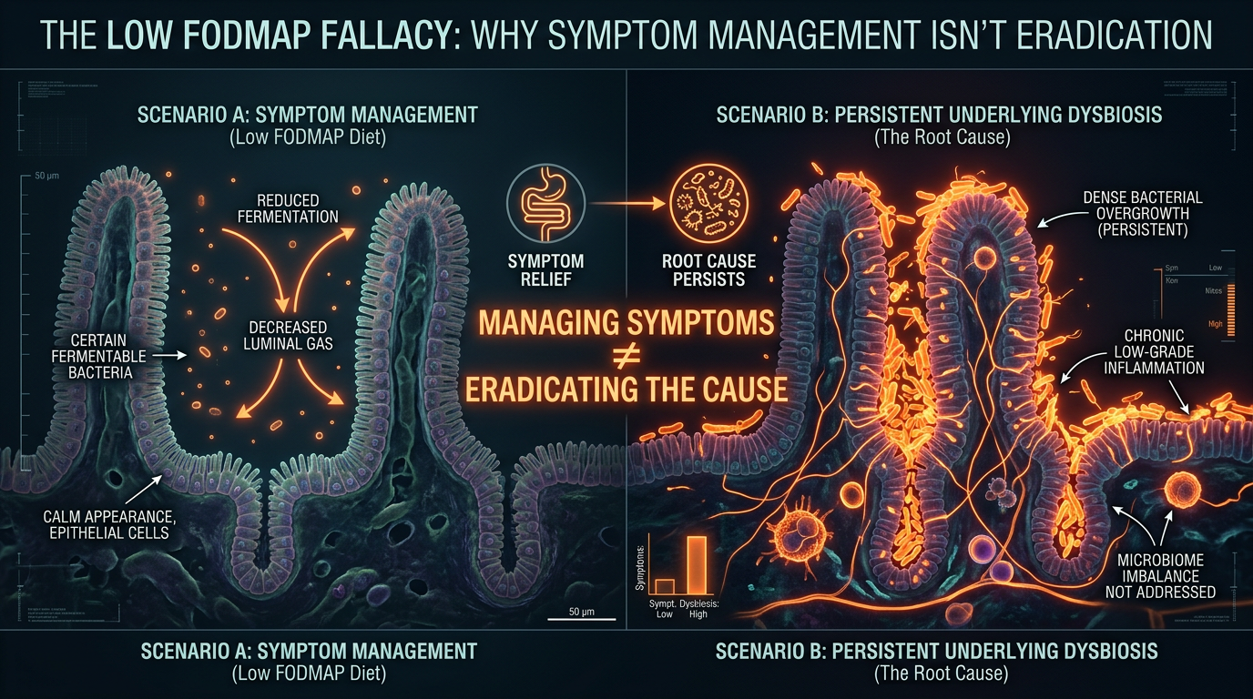 Scientific illustration for The Low FODMAP Fallacy: Why Symptom Management Isn't Eradication