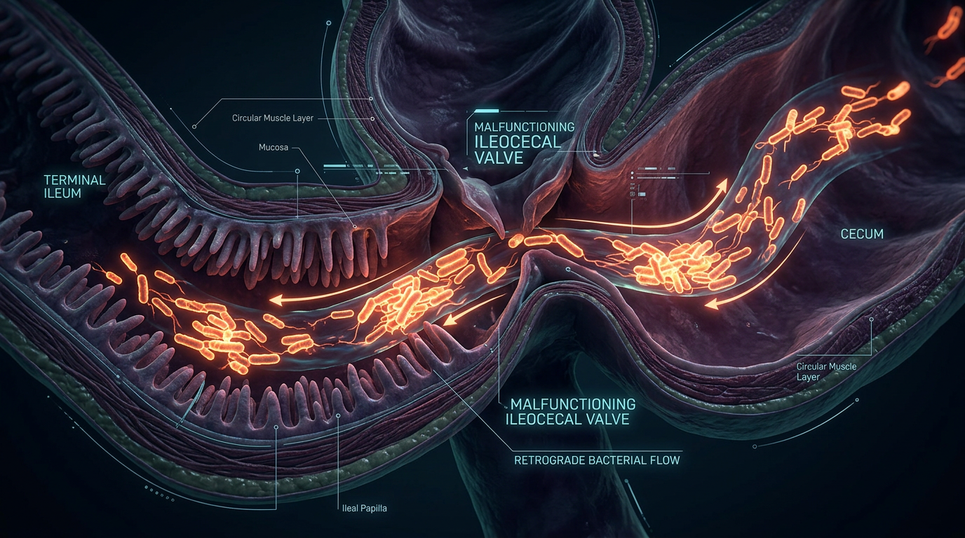 Scientific illustration for The Ileocecal Valve: Mechanical Failure and Retrograde Colonization