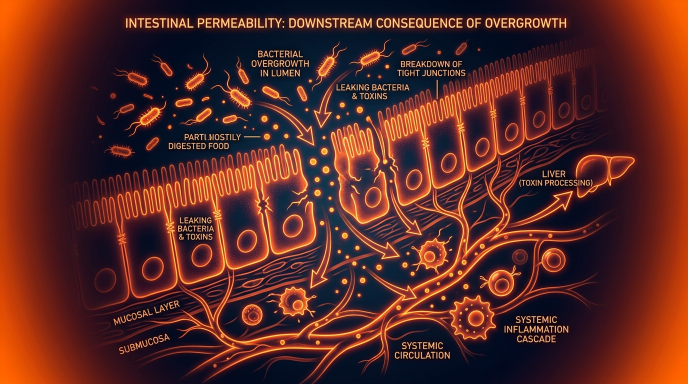 Scientific illustration for Intestinal Permeability: The Downstream Consequence of Overgrowth